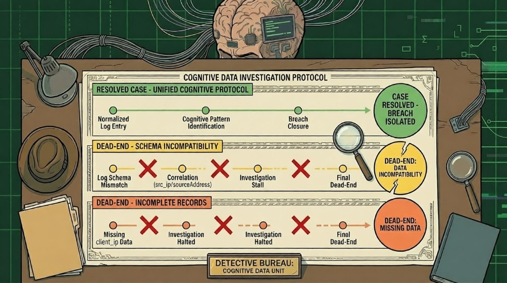 Cognitive data investigation protocol: unified analytics versus schema incompatibility and missing-data dead ends.