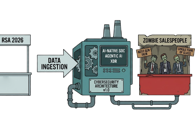RSA 2026 buzzwords feeding into Cybersecurity Architecture v1.0, with zombie salespeople promoting Next-Gen SIEM and Single Pane of Glass.