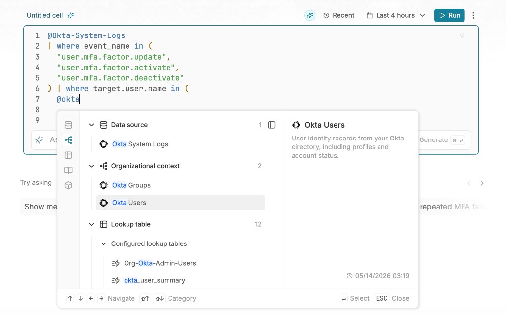 Query editor with autocomplete showing Okta Users organizational context.