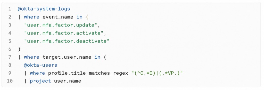 KQL detection joining @Okta-System-Logs with @okta-users to filter MFA events for executives.