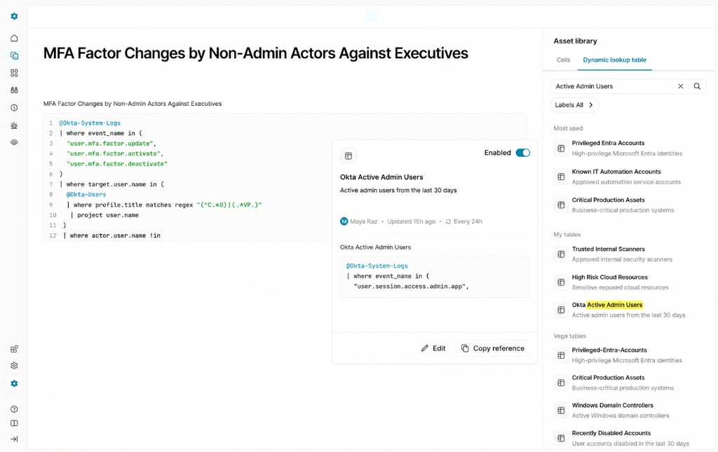 Detection query with Okta Active Admin Users lookup table selected from the asset library.