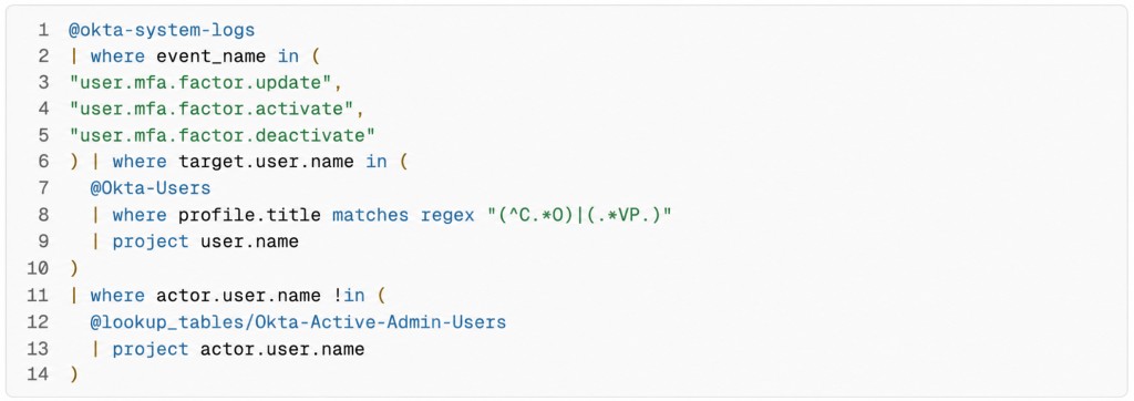 Complete detection excluding actors in @lookup_tables/Okta-Active-Admin-Users for executive MFA factor changes.