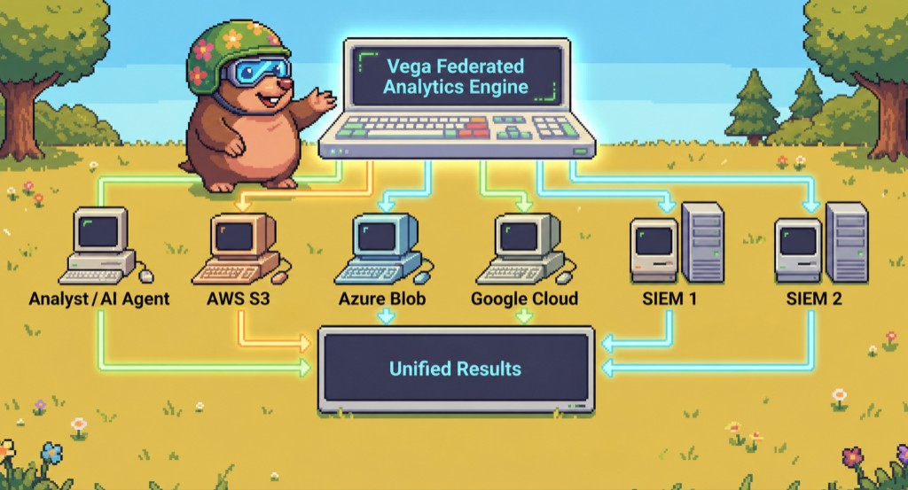 Vega federated analytics engine querying AWS S3, Azure Blob, Google Cloud, and two SIEMs in place, returning unified results without moving data.