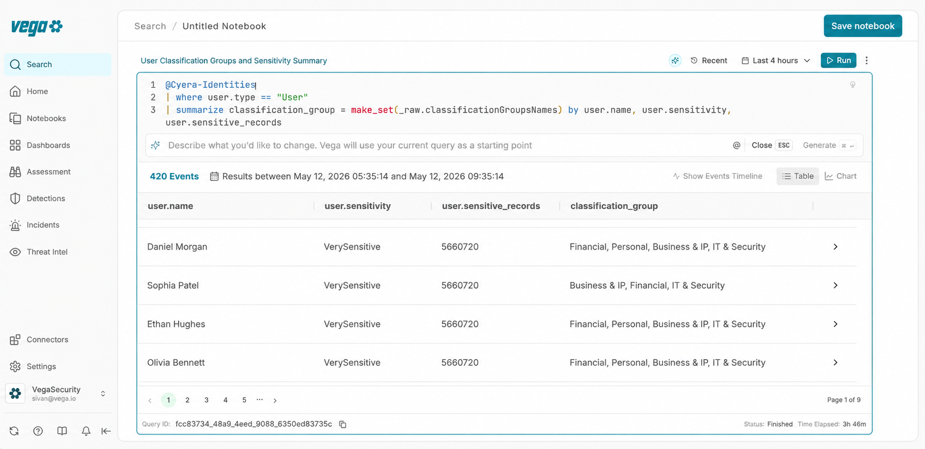 Investigation view showing accessible datastores, sensitivity, ownership, and blast radius for the alerting identity.